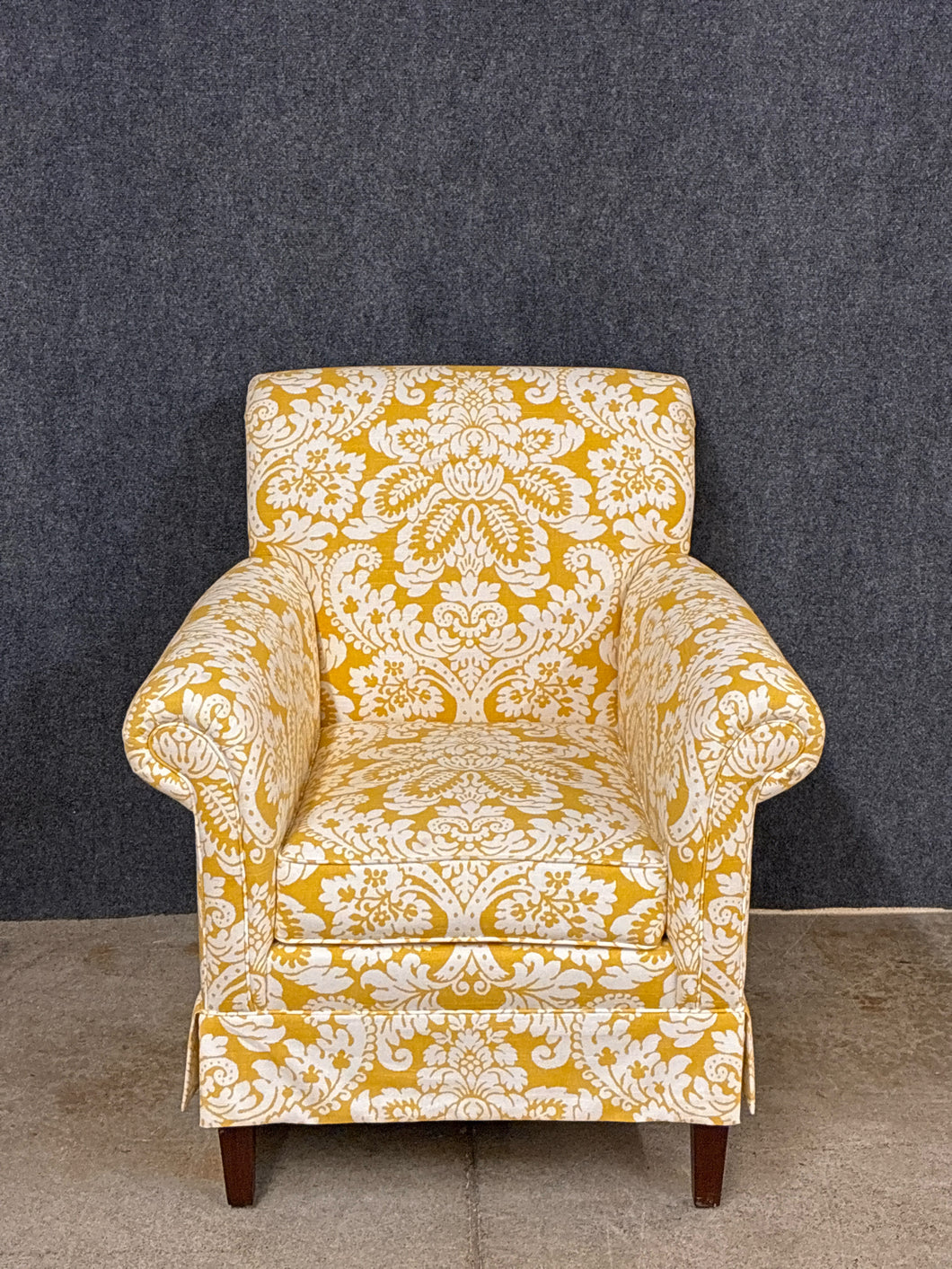 Ethan Allen Upholstered Armchair in Yellow Damask Fabric