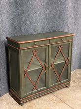 Load image into Gallery viewer, Green Distressed Console Cabinet with Glass Front Doors