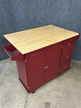 Load image into Gallery viewer, Red Rolling Kitchen Island with Drop-leaf Top