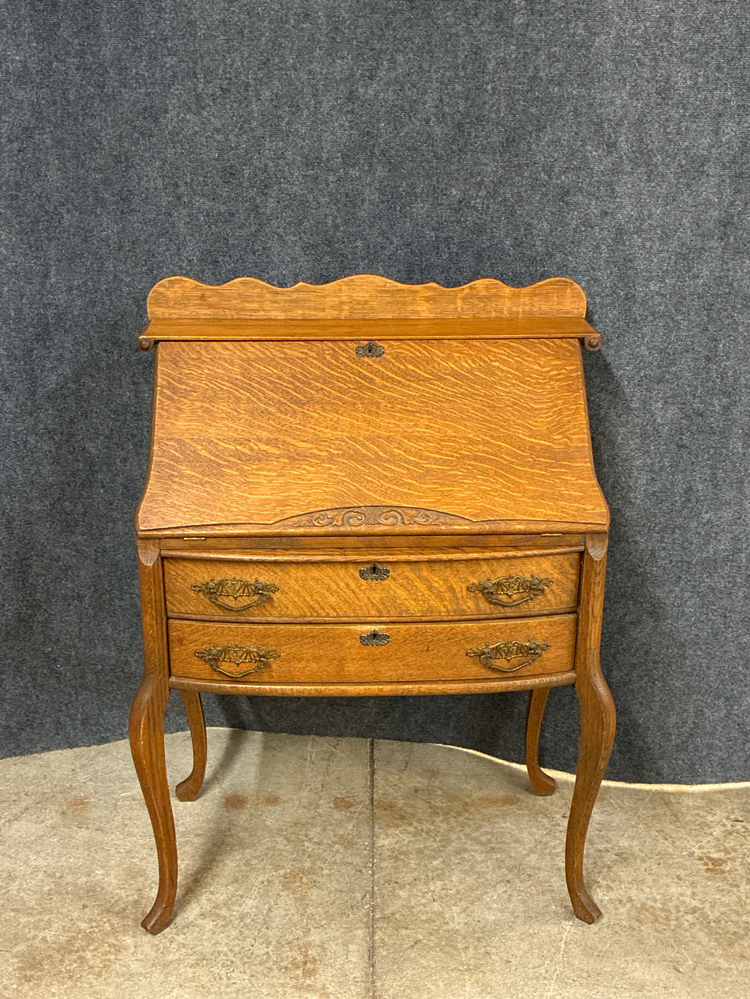 Vintage Oak Slant-Front Secretary Desk with Drawers