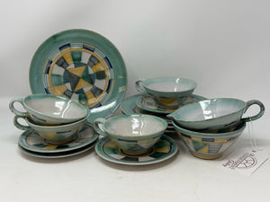 Pottery Turquoise 14 Piece Geometric Tea/Coffee Set