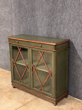 Load image into Gallery viewer, Green Distressed Console Cabinet with Glass Front Doors