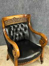 Load image into Gallery viewer, Empire Revival Carved Wood &amp; Black Tufted Back Leather Armchair
