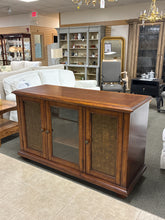Load image into Gallery viewer, Ornate Wood Media Console With Decorative Metal Side Panels &amp; Glass Door