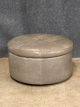 Load image into Gallery viewer, Round Grey Leather Storage Ottoman on Casters