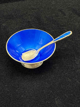 Load image into Gallery viewer, 3 Piece Blue Sterling Silver Enamel Salt + Pepper shakers