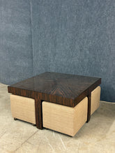 Load image into Gallery viewer, Henredon Macassar Ebony Starburst Cocktail Table With Rolling Ottomans/Stools