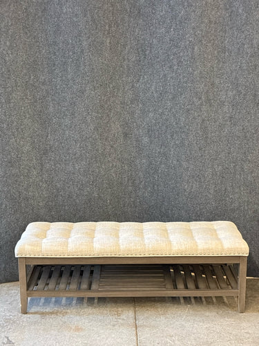 Upholstered Wood Bench with Slatted Shelf