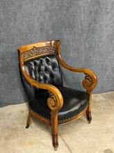 Load image into Gallery viewer, Empire Revival Carved Wood &amp; Black Tufted Back Leather Armchair