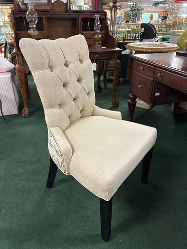 Tufted Linen Accent Chair With Script Back