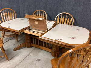 Oak Tile Top Dining Table With Butterfly Leaf and 6 Windsor Chairs