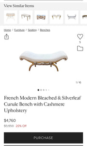 French Modern Bleached & Silverleaf Curule Upholstered Bench