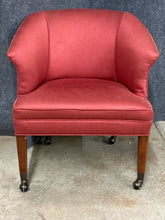 Load image into Gallery viewer, Vintage Ethan Allen Barrel Back Red Upholstered Chair on Casters