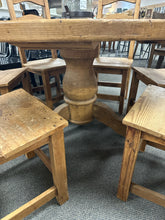 Load image into Gallery viewer, Rustic Pine 54" Round Pedestal Dining Table With 6 Ladder-back Chairs