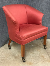 Load image into Gallery viewer, Vintage Ethan Allen Barrel Back Red Upholstered Chair on Casters