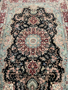 Persian-Style Wool Rug with Black Medallion & Red Border