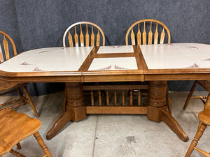 Oak Tile Top Dining Table With Butterfly Leaf and 6 Windsor Chairs