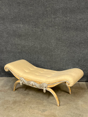 French Modern Bleached & Silverleaf Curule Upholstered Bench