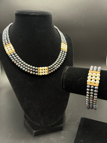 2 Piece Gold Round Pearl Gray Jewelry set