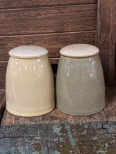 Load image into Gallery viewer, 2 Piece Denby Pale Yellow Pottery Olive Solid Salt + Pepper shakers