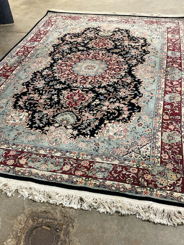 Persian-Style Wool Rug with Black Medallion & Red Border