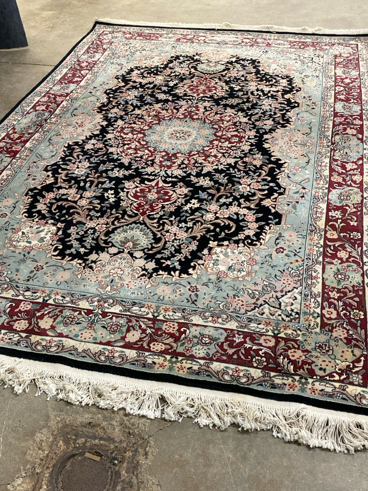 Persian-Style Wool Rug with Black Medallion & Red Border