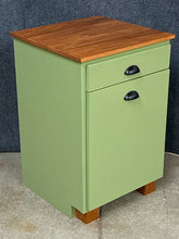 Load image into Gallery viewer, Custom 2 Tone Kitchen Trash Bin Cabinet with Butcher Block Top
