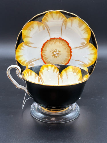 Bone China Gold Trim Black 2 Piece Floral Cup + Saucer