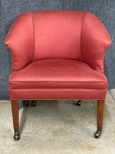 Load image into Gallery viewer, Vintage Ethan Allen Barrel Back Red Upholstered Chair on Casters