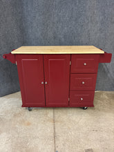 Load image into Gallery viewer, Red Rolling Kitchen Island with Drop-leaf Top