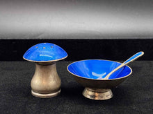 Load image into Gallery viewer, 3 Piece Blue Sterling Silver Enamel Salt + Pepper shakers