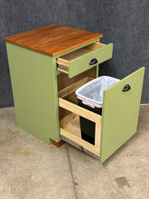 Load image into Gallery viewer, Custom 2 Tone Kitchen Trash Bin Cabinet with Butcher Block Top