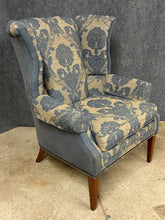 Load image into Gallery viewer, Ethan Allen Blue-Grey Damask Upholstered Wingback Chair