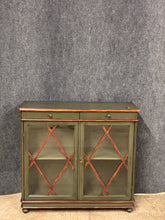 Load image into Gallery viewer, Green Distressed Console Cabinet with Glass Front Doors