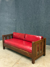 Load image into Gallery viewer, Stickley Quarter-Sawn Oak Mission Style Sofa, Red Leather Cushions