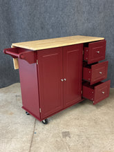 Load image into Gallery viewer, Red Rolling Kitchen Island with Drop-leaf Top
