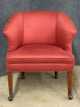 Load image into Gallery viewer, Vintage Ethan Allen Barrel Back Red Upholstered Chair on Casters