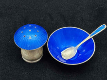 Load image into Gallery viewer, 3 Piece Blue Sterling Silver Enamel Salt + Pepper shakers