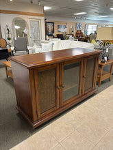 Load image into Gallery viewer, Ornate Wood Media Console With Decorative Metal Side Panels &amp; Glass Door