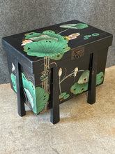 Load image into Gallery viewer, Vintage Chinese Black Chest with Painted Lotus Blossoms and Water Fowl Storage C