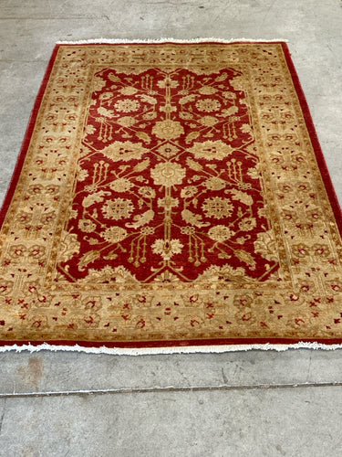 Hand-Knotted Wool Area Rug - Red & Gold Floral