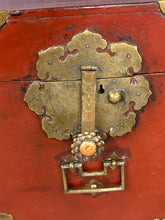 Load image into Gallery viewer, Korean Style Red Lacquer Storage Chest with Engraved Brass Mounts