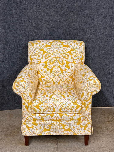 Ethan Allen Upholstered Armchair in Yellow Damask Fabric