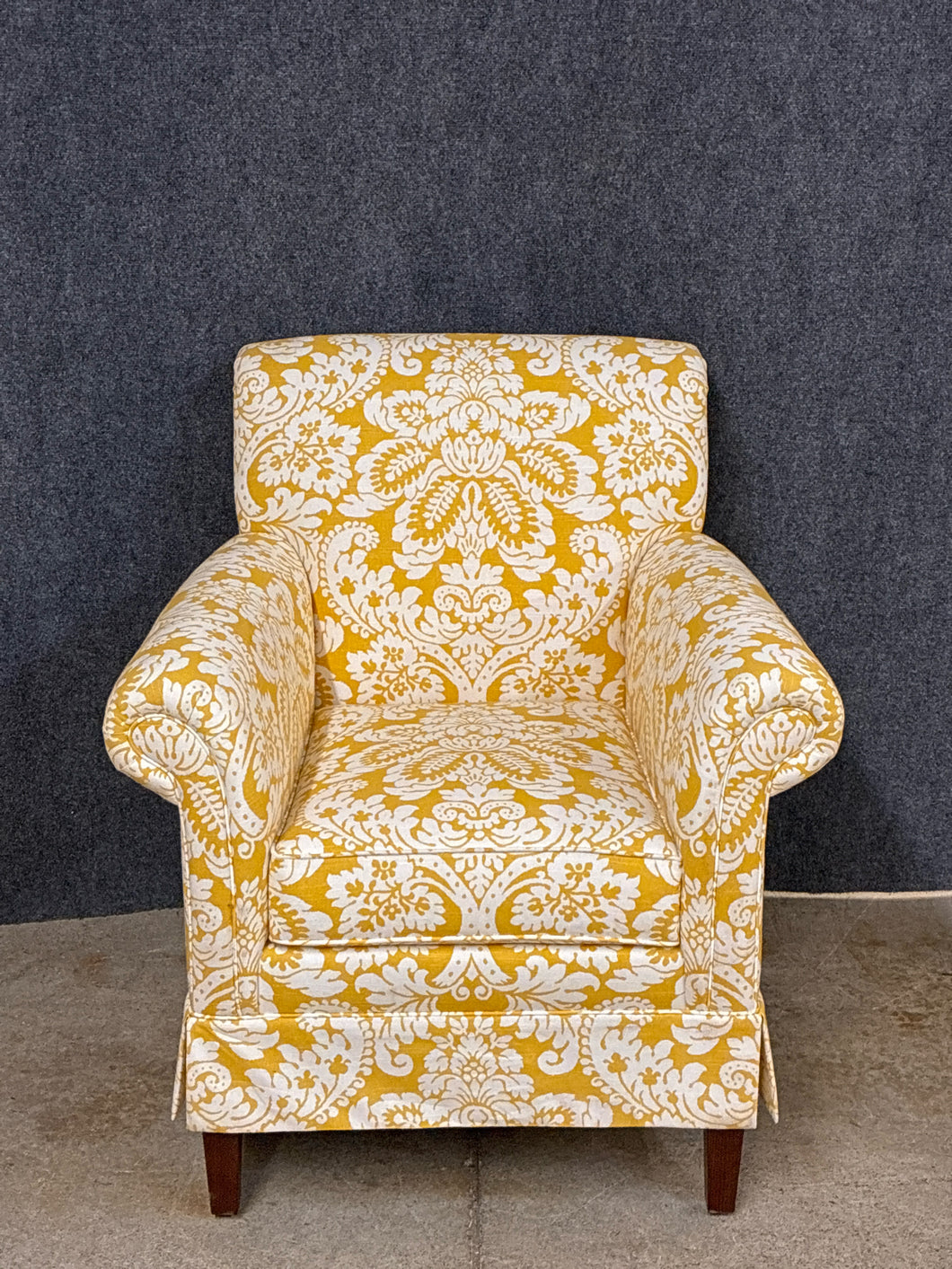 Ethan Allen Upholstered Armchair in Yellow Damask Fabric