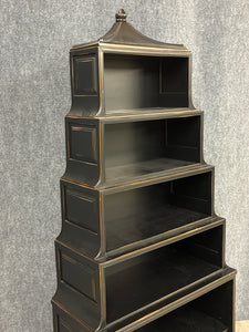 Black Distressed Tiered Pagoda-Top Bookcase