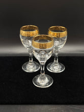 Load image into Gallery viewer, Set of 3 Gold Rimmed Crystal Cordial Glasses