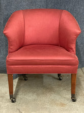 Load image into Gallery viewer, Vintage Ethan Allen Barrel Back Red Upholstered Chair on Casters