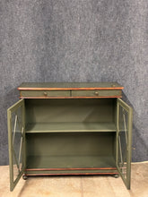 Load image into Gallery viewer, Green Distressed Console Cabinet with Glass Front Doors