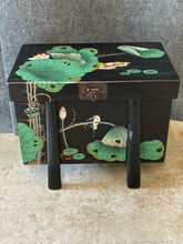 Load image into Gallery viewer, Vintage Chinese Black Chest with Painted Lotus Blossoms and Water Fowl Storage C