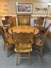 Load image into Gallery viewer, Vintage Pedestal Dining Table With 2 Leaf Extensions, 8 Pressback Chairs